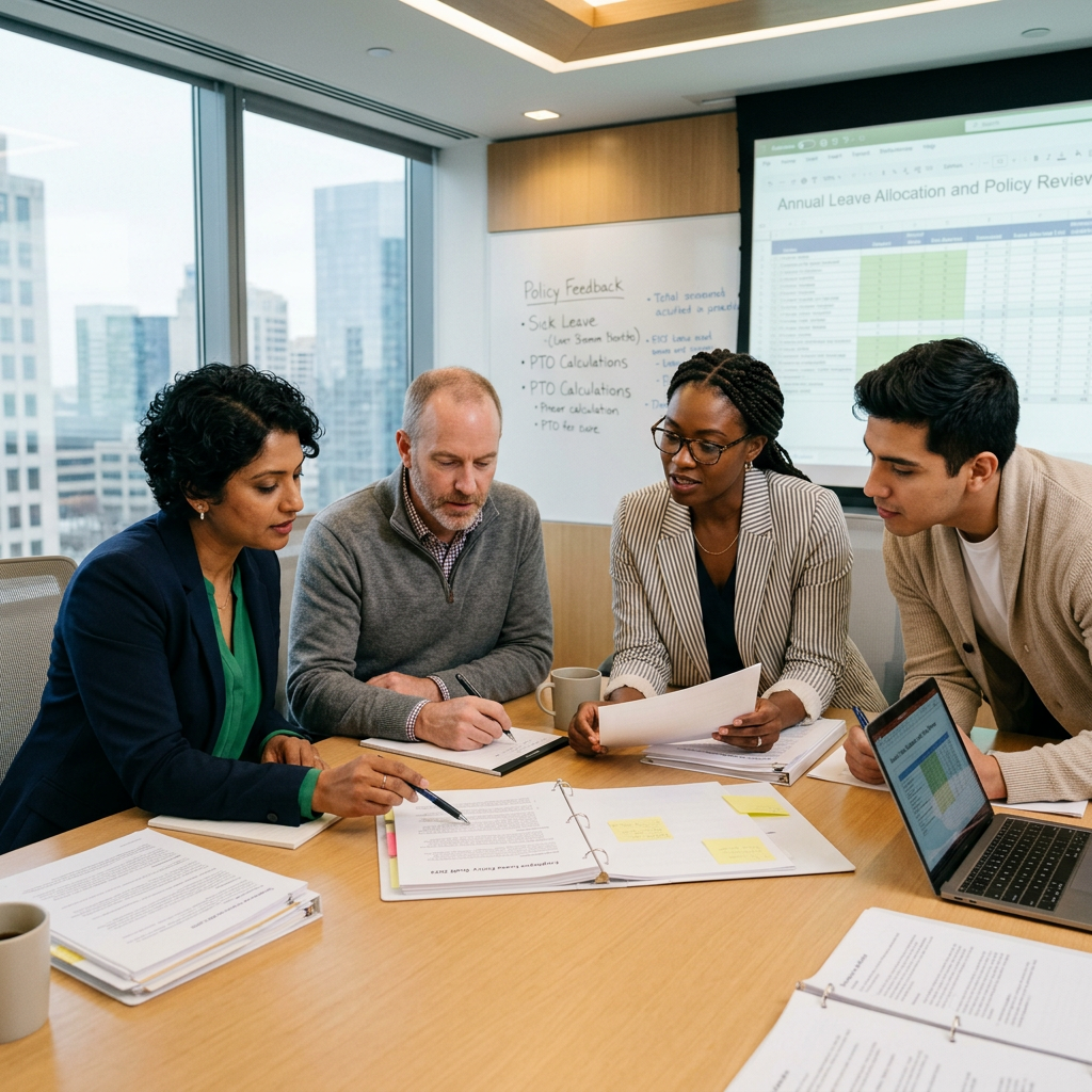 Four professionals reviewing documents and data on annual leave allocation in a conference room